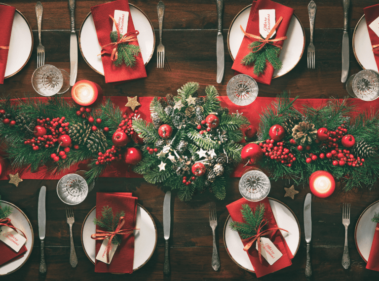 Red and green color scheme for a holiday tablescape