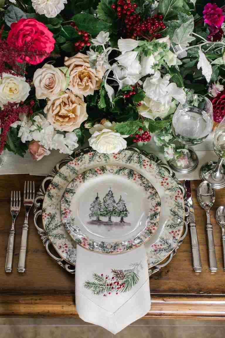 Roses on the center of the table for a holiday tablescape