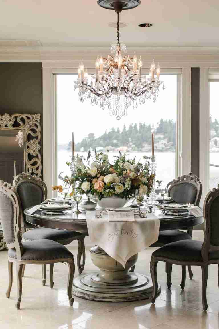 Gorgeous thanksgiving dining table with four gray chairs