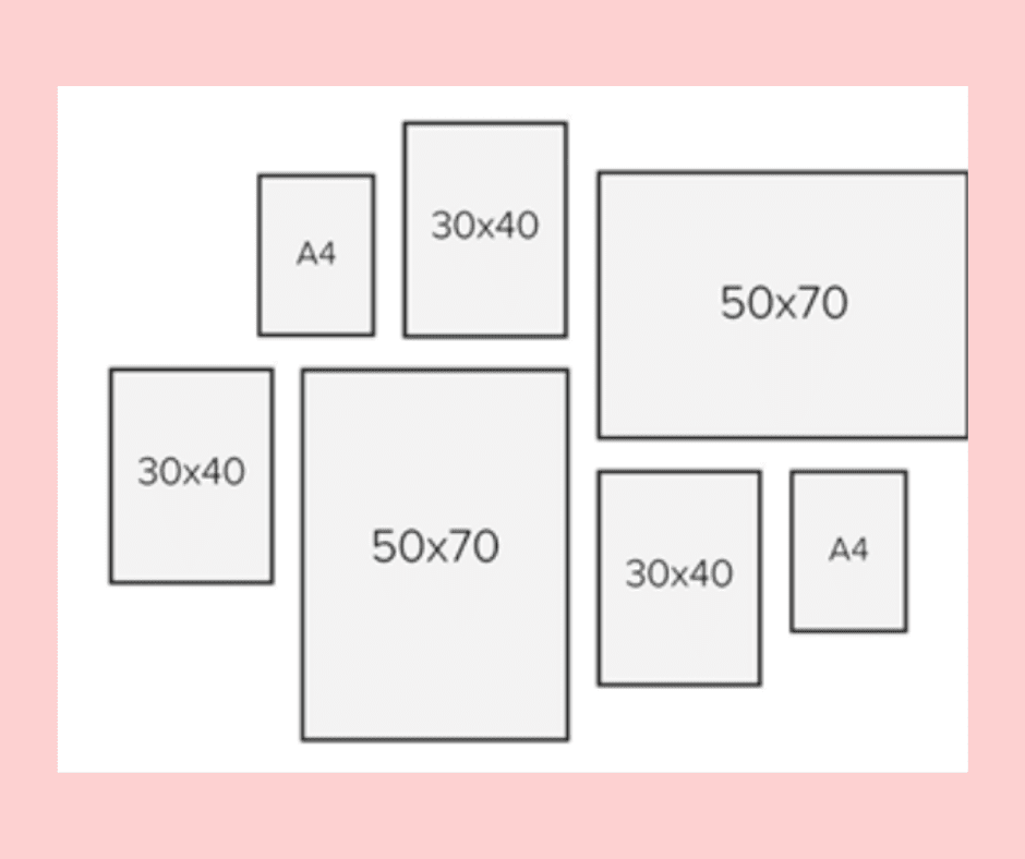 Photo wall layout idea example of various frame sizes for a wall design