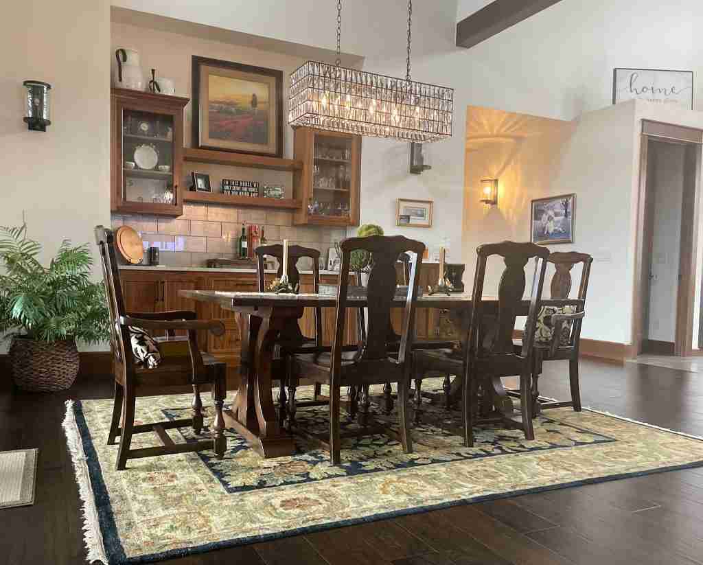 Large dining room in timber home
