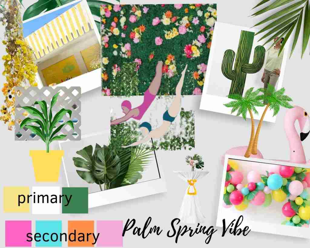 Mood board for Retro Palm Springs Party. Party supply ideas and lists