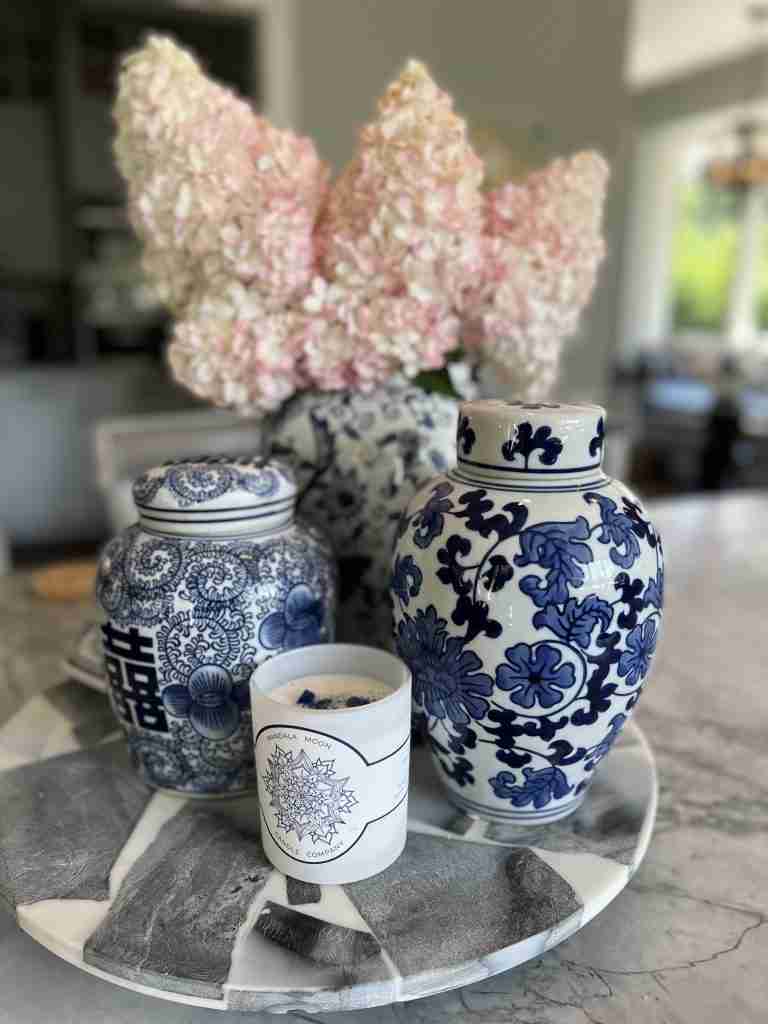 Hydrangea paniculata Vanilla Strawberry in blue ginger jars