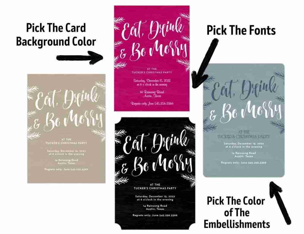 Four examples of a holiday card with different font and colors