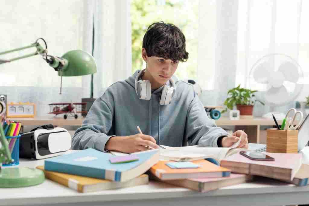 Teenager studying at home alone