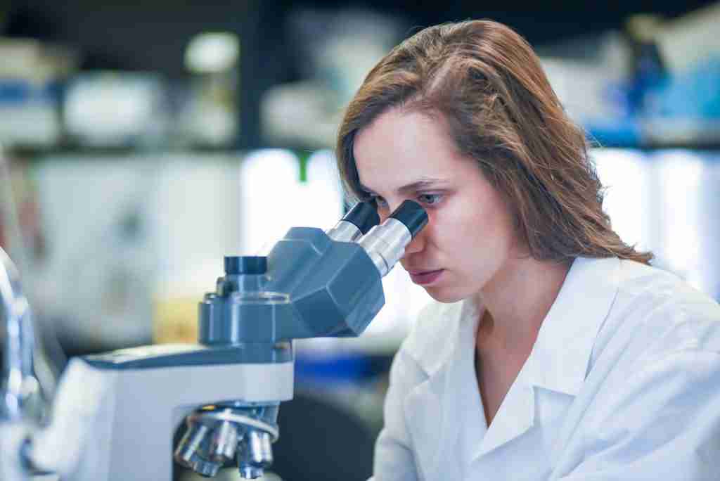 University student examining blood sample under microscope