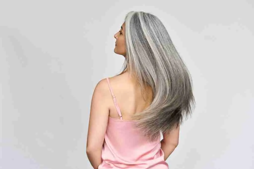Back view of mid age senior Asian older woman with gray natural long hair.