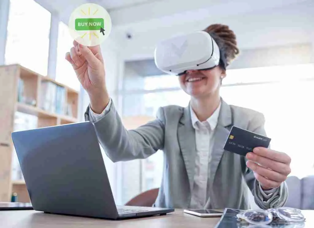 Woman, laptop and online shopping with credit card in virtual reality for ecommerce or banking at o