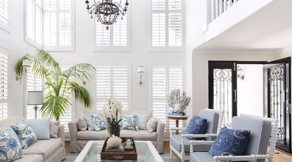 Hampton living room style with high ceilings