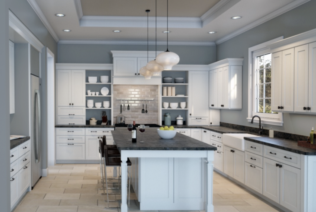 white cabinets with light gray walls