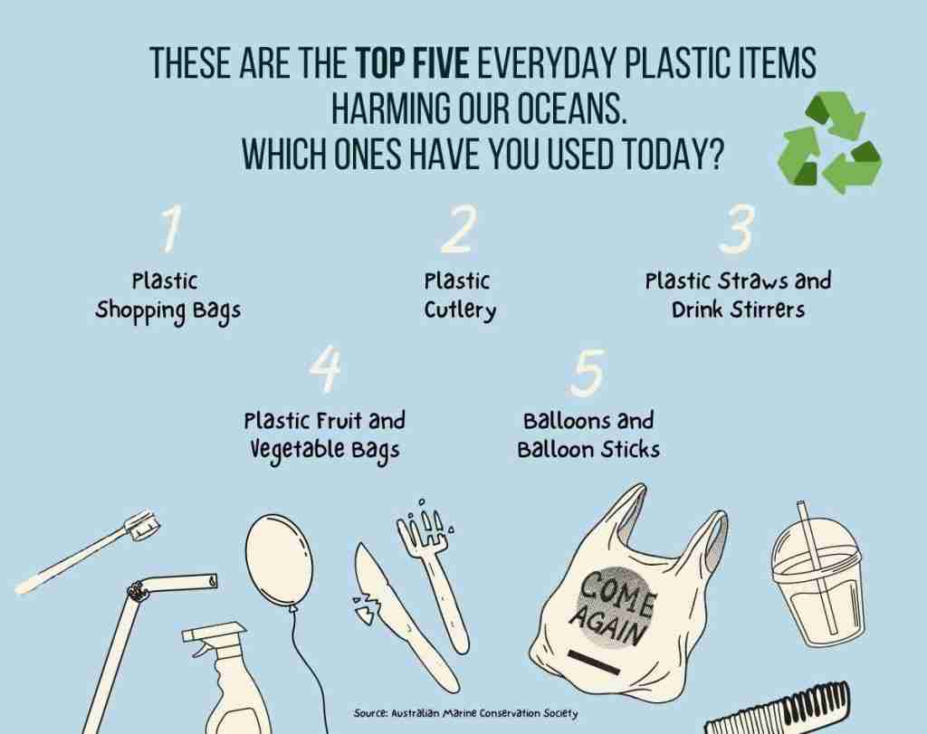 top five everyday plastic items that harm our oceans. Reduce plastic today. 