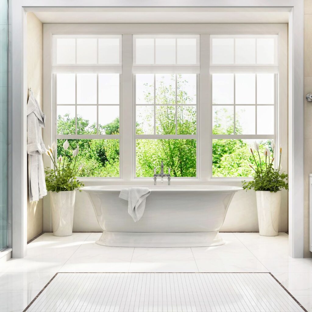 Roll down shades in white bathroom