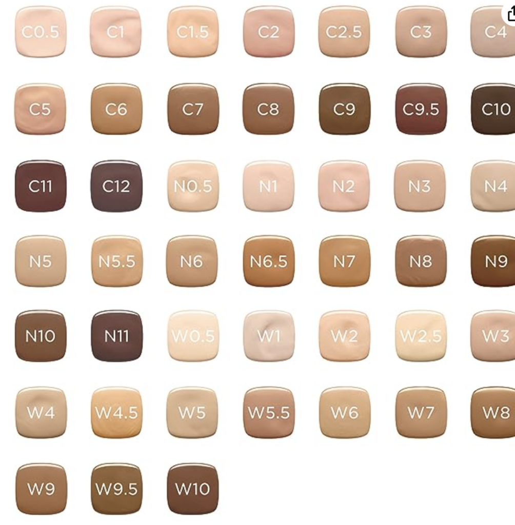 The L’Oréal Paris True Match Super-Blendable Makeup color chart