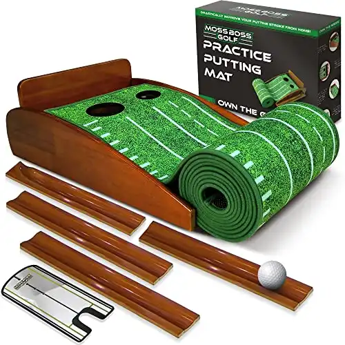 Moss Boss Golf Practice Putting Mat and Putting Mirror - Indoor Golf Putting Green with 2 Holes and Return Track for Practicing at Home or in The Office - Golf Accessories for Men - Gift for Golfers