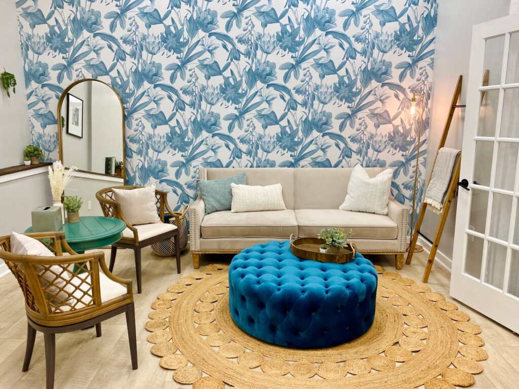 Blue and white wallpaper  in bedroom