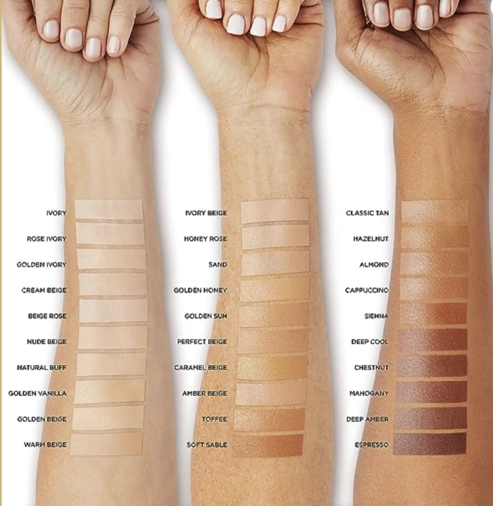 L’Oréal Paris Age Perfect Radiant Serum Foundation with SPF 50, color chart of foundations