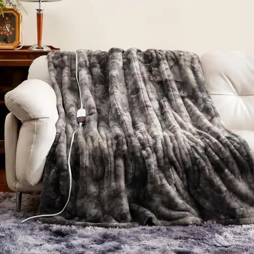 Electric Heated Throw Faux Rabbit Fur Blanket with 6 Heating Levels