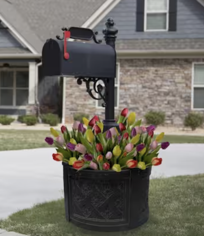 Tulips planted around the mailbox base