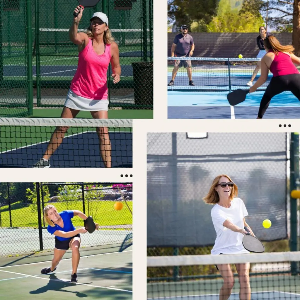 four images of women playing pickleball outside. best pickleball sneakersoutdoor court shoeswide toe boxquality pickleball shoes
