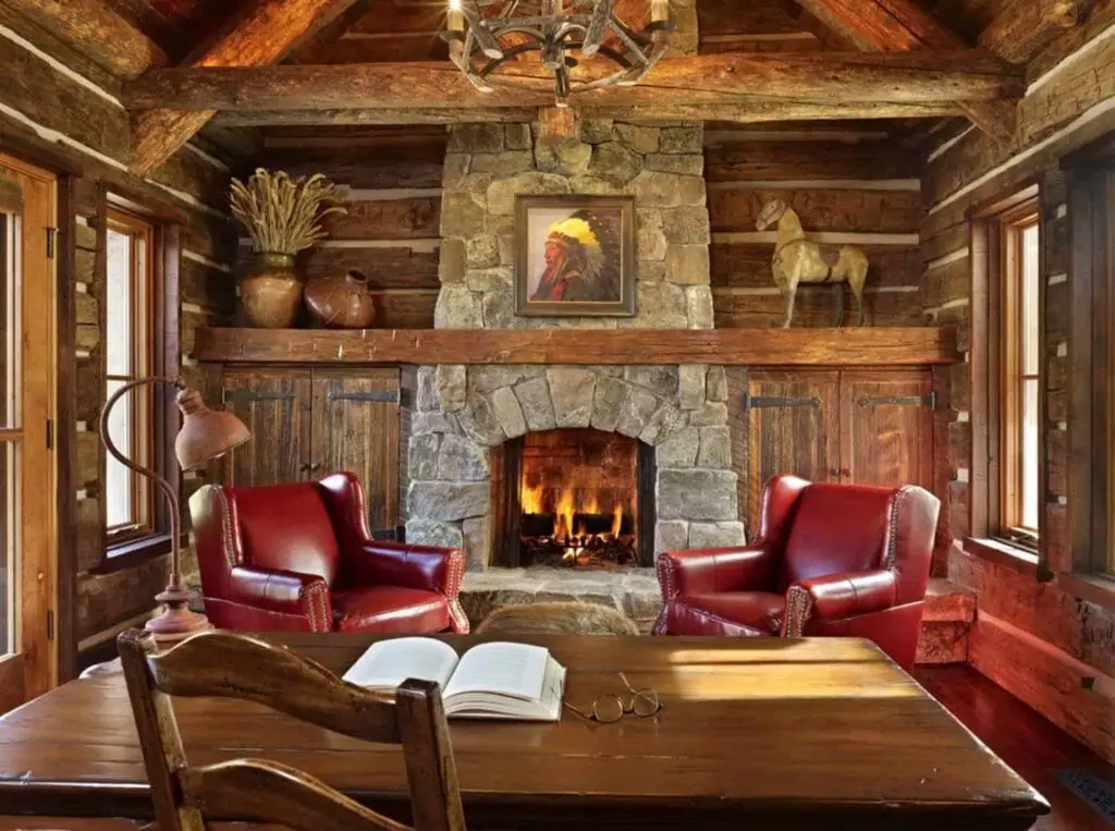 Log Home with Red Leather Chairs
