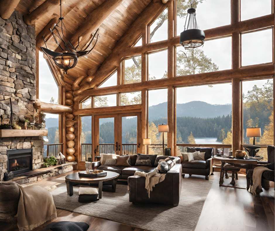 Rustic and modern log home furnished with textures and hides