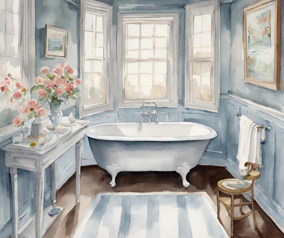 Tranquil upward paint color in a bathroom with a white bathtub