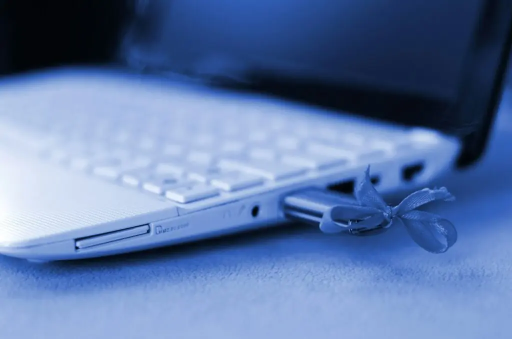 USB flash drive with bow is connected to a white laptop