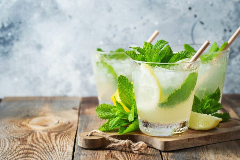 Two glass of the refreshing mint cocktal with lemon and mint, cold refreshing drink or beverage