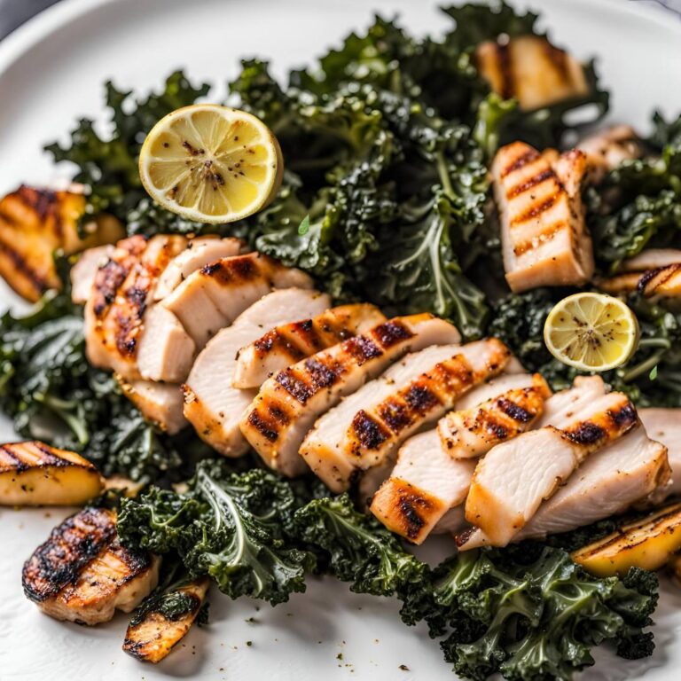 Grilled chicken and kale dinner with lemon