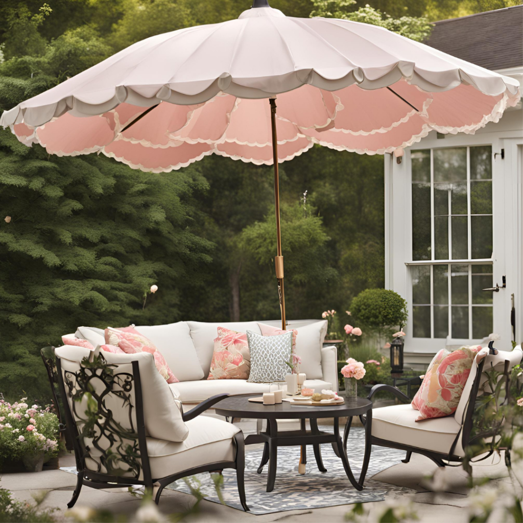 Pink Outdoor umbrella on a formal patio.