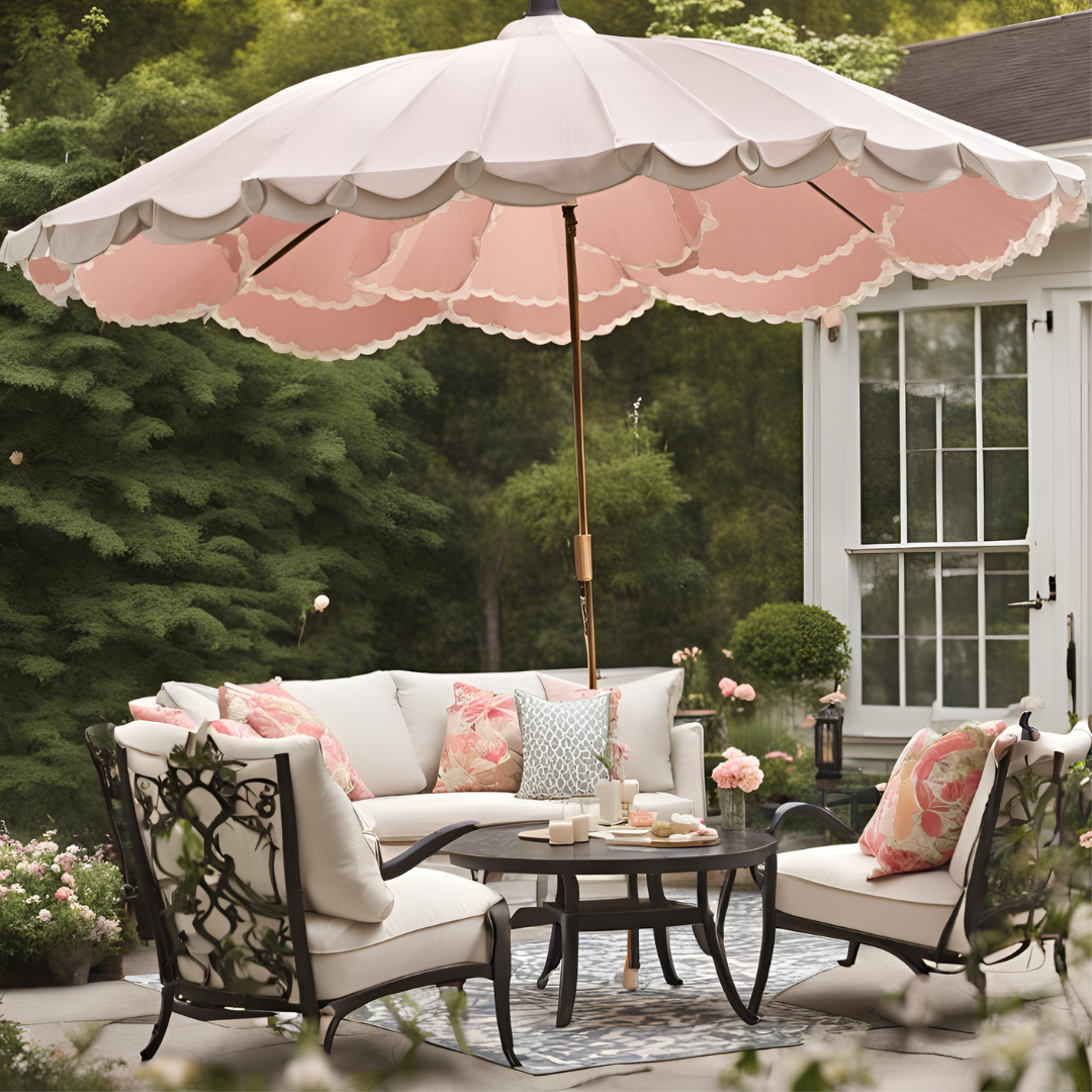 Pink Outdoor umbrella on a formal patio.