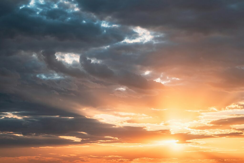 Sunshine In Sunrise Bright Dramatic Sky. Scenic Colorful Sky At Dawn. Sunset Sky Natural Abstract