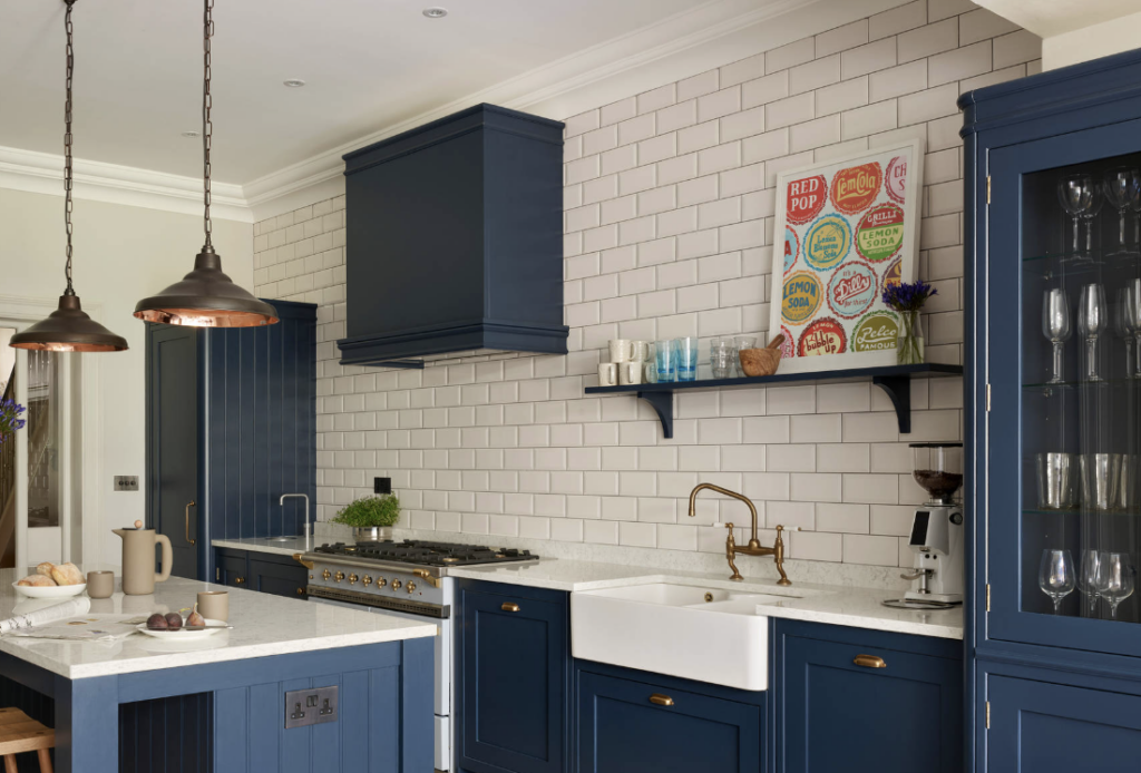 White metro tiles on backsplash in blue kitchen