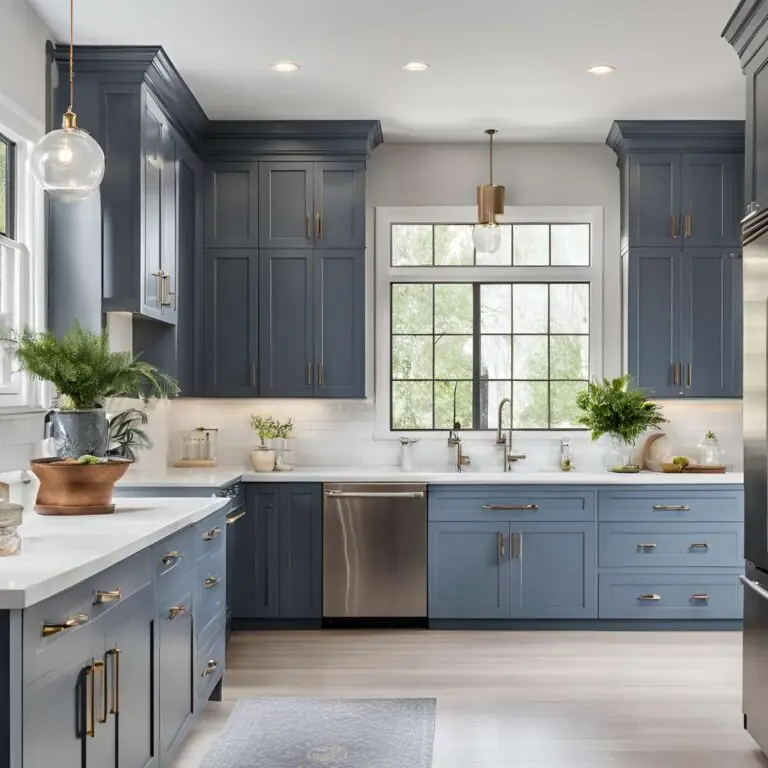 Kitchen with blue cabinets and white countertops