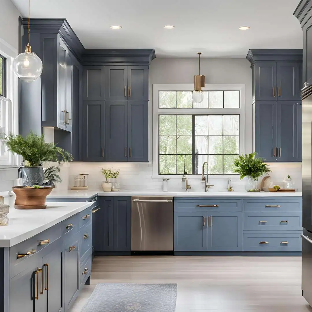 Kitchen with blue cabinets and white countertops