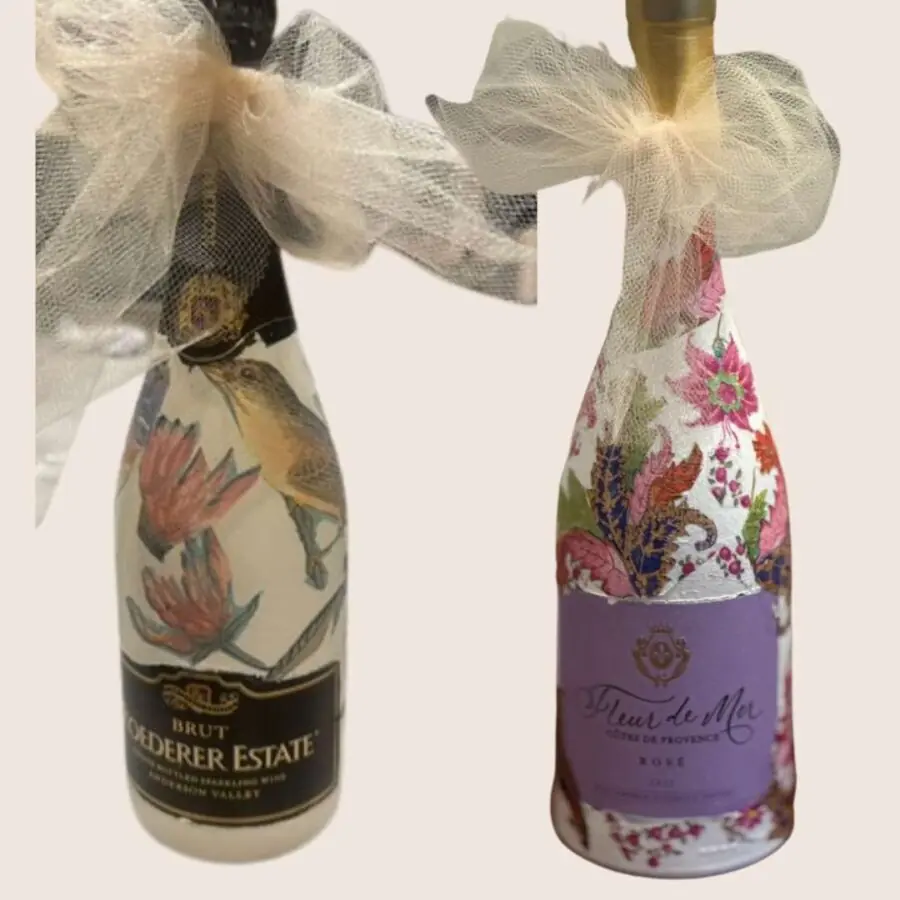 Two decoupaged bottles I decorated as bridal gifts