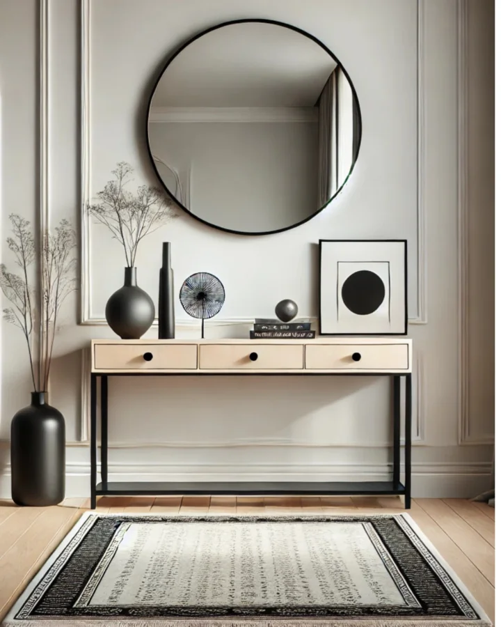 Large entryway foyer with black accents and a black and white rug