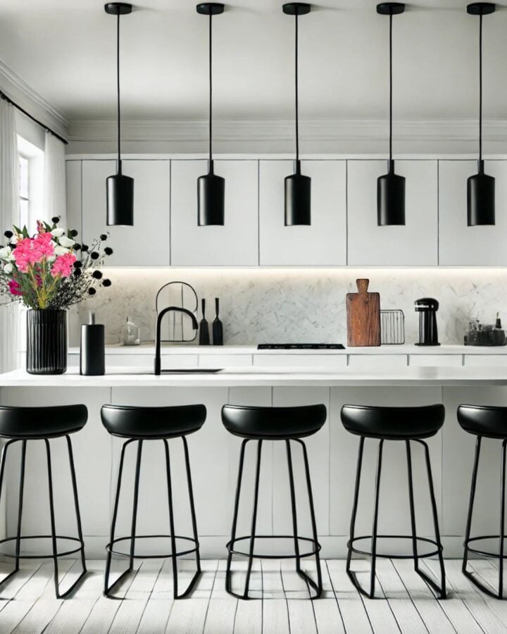 Modern black accents with a white ktichen.