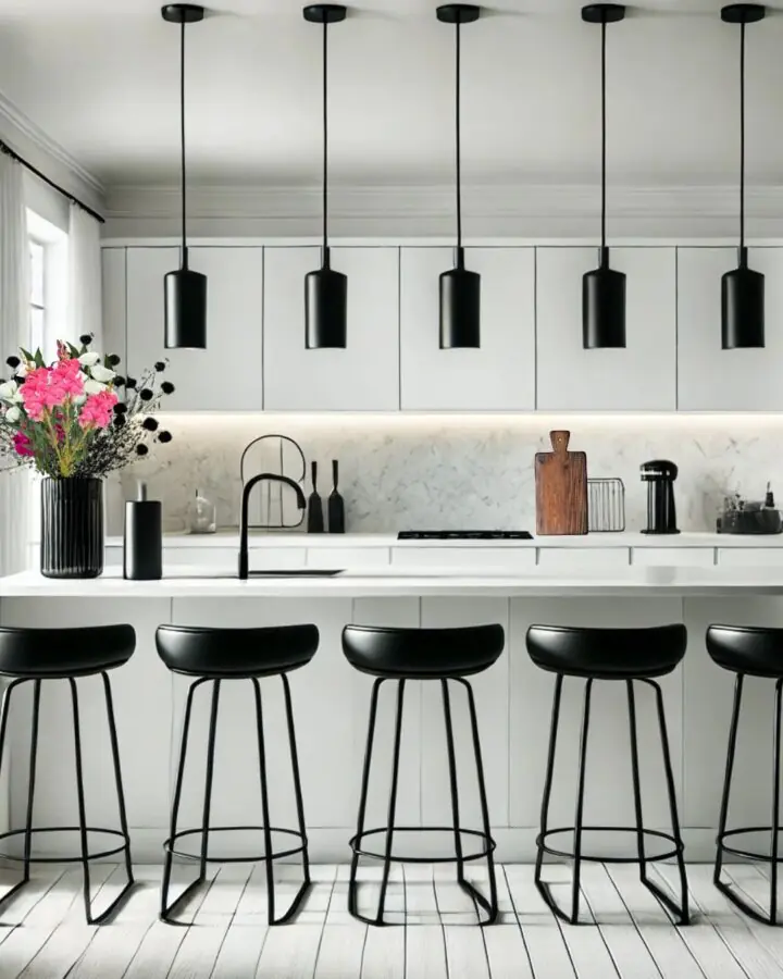 Modern black accents with a white ktichen.