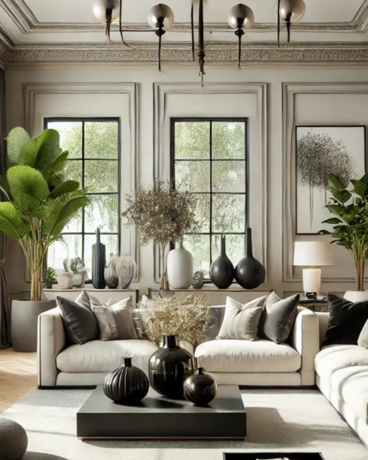 Large Living Room with black accents and dark accents and green plants