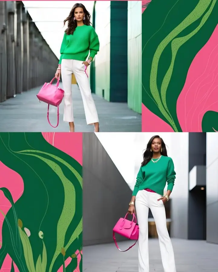 Green sweater with white pants and pink purse. 