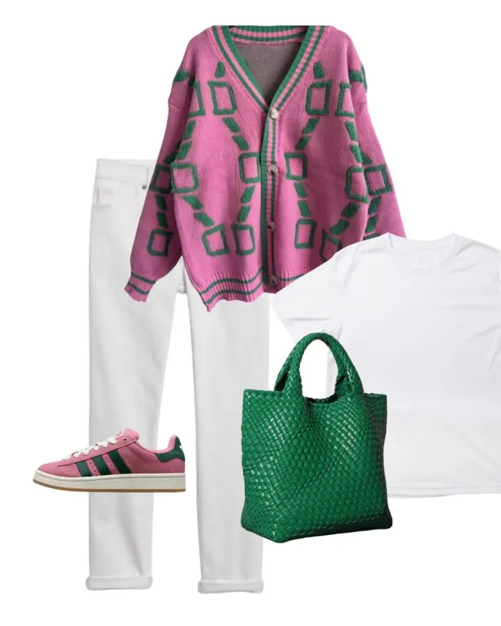 pink and green outfit with white jeans