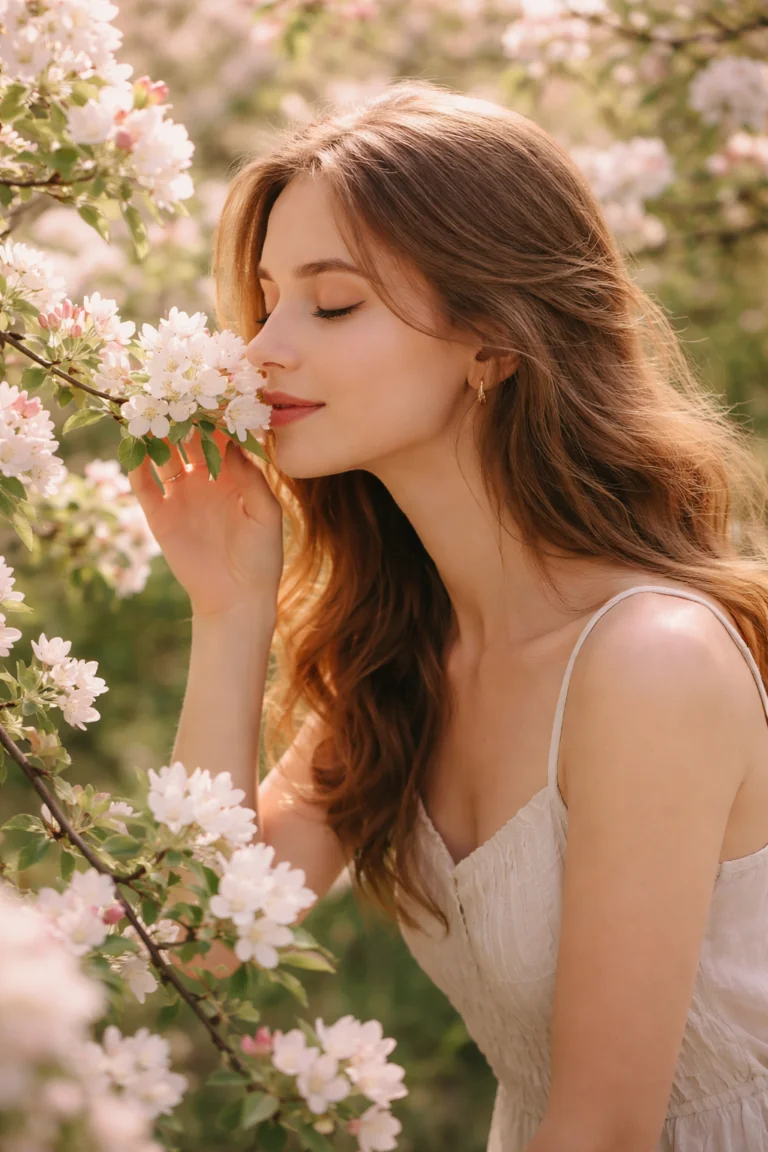 A women smelling a fragrant tree