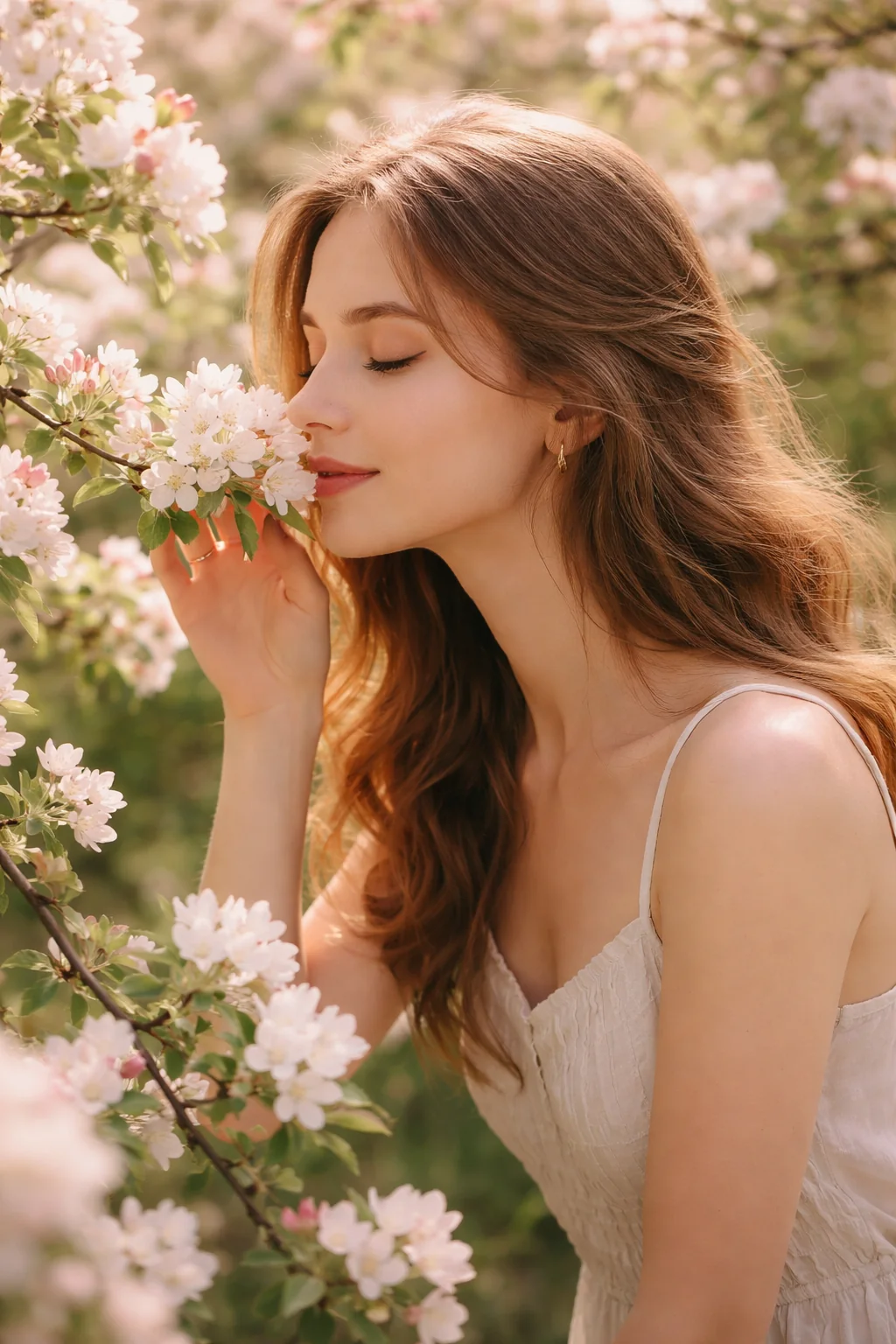 A women smelling a fragrant tree