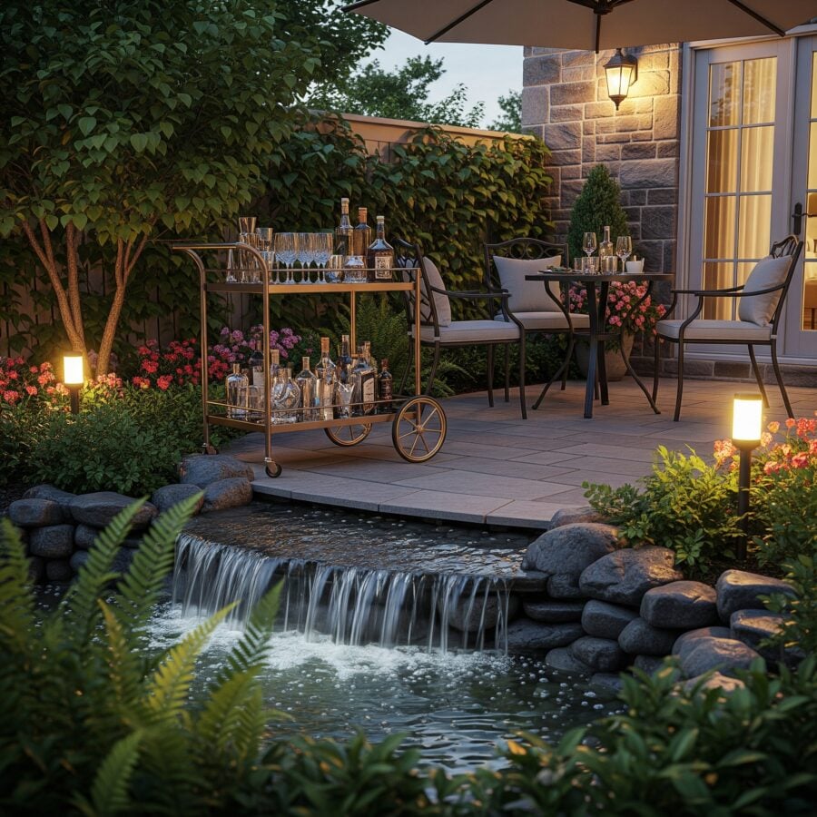 Pretty outdoor patio with water feature and bar and dinning table