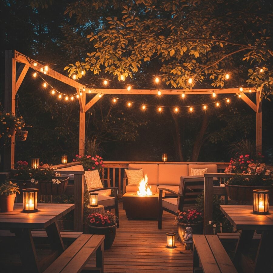Outdoor lights strung over outdoor patio