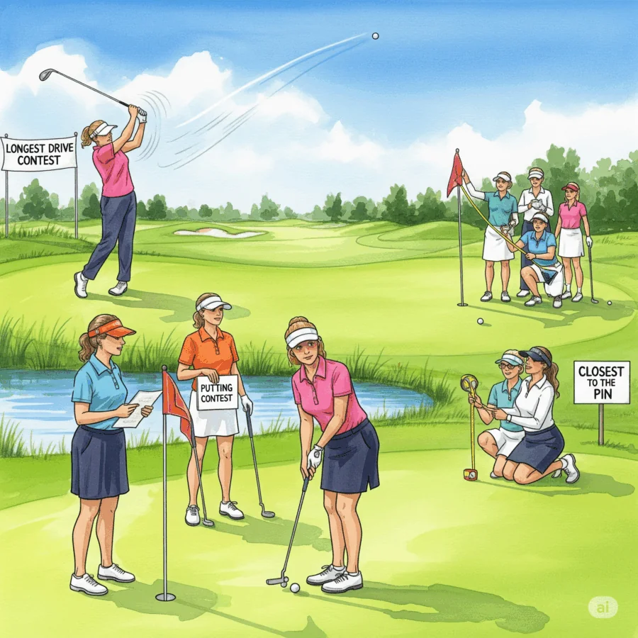 Ladies golfing with golf games and contests like closest to the pin and putting contests 