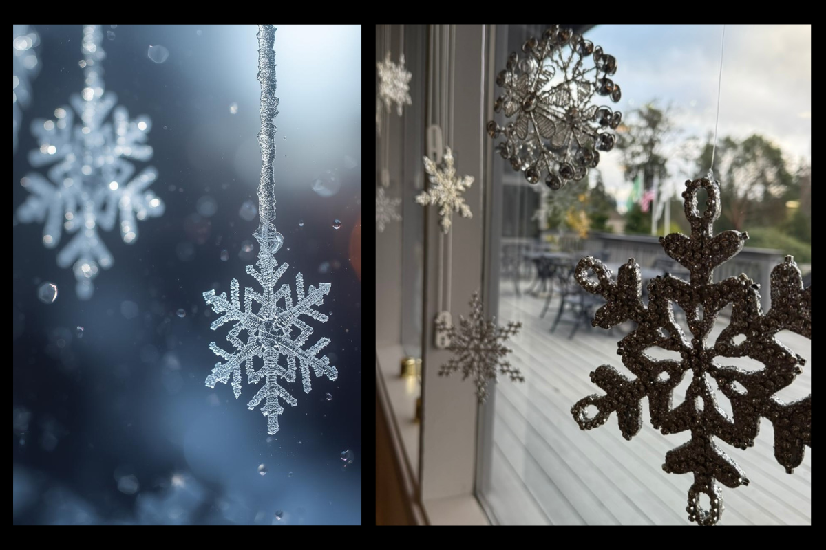 Hanging snowflake decorations in the window 
