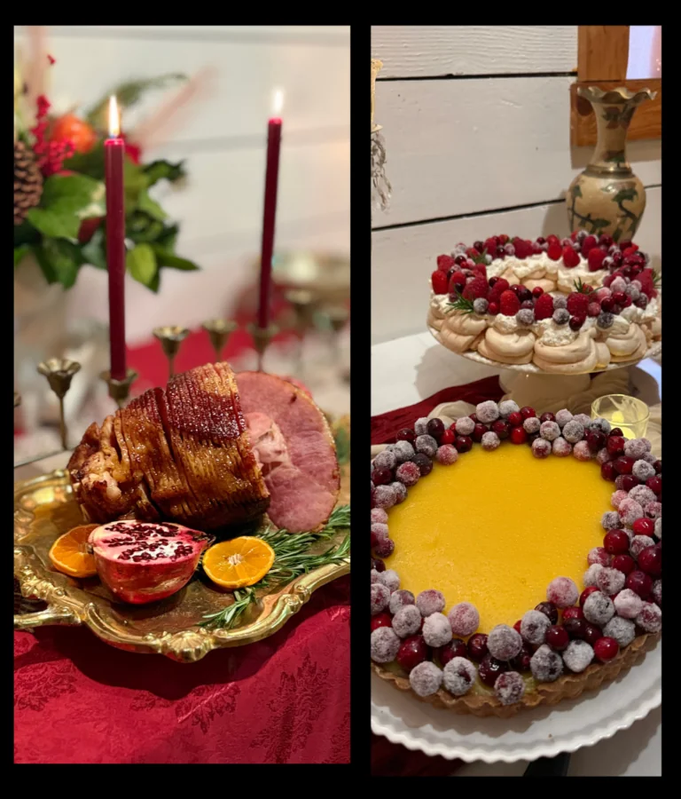 Buffet table for a victorian table display of ham and sweet deserts