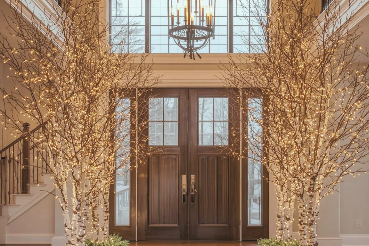 Pre-lit Birch Tree in Foyer 